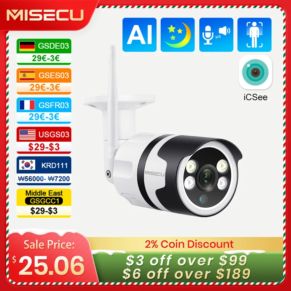 MISECU 3MP 5MP WIFI IP Outdoor Camera AI Human Detection Full Color Night Vision Waterproof CCTV Video Security Camera P2P Onvif