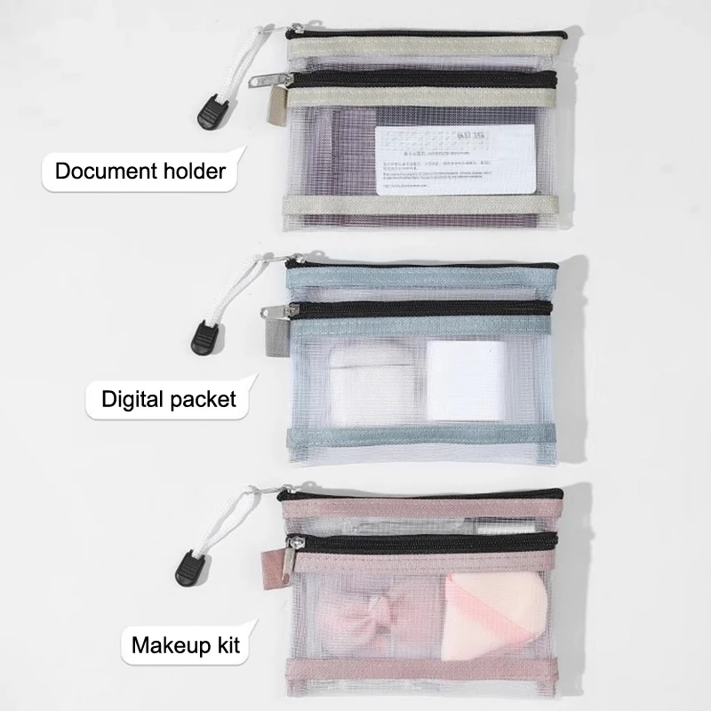 [J] Small Mesh Double Layer Coin Bags Bus ID Credit Card Storage Bag Money Wallet Purse Earphone Cable Line Organizer Pouch