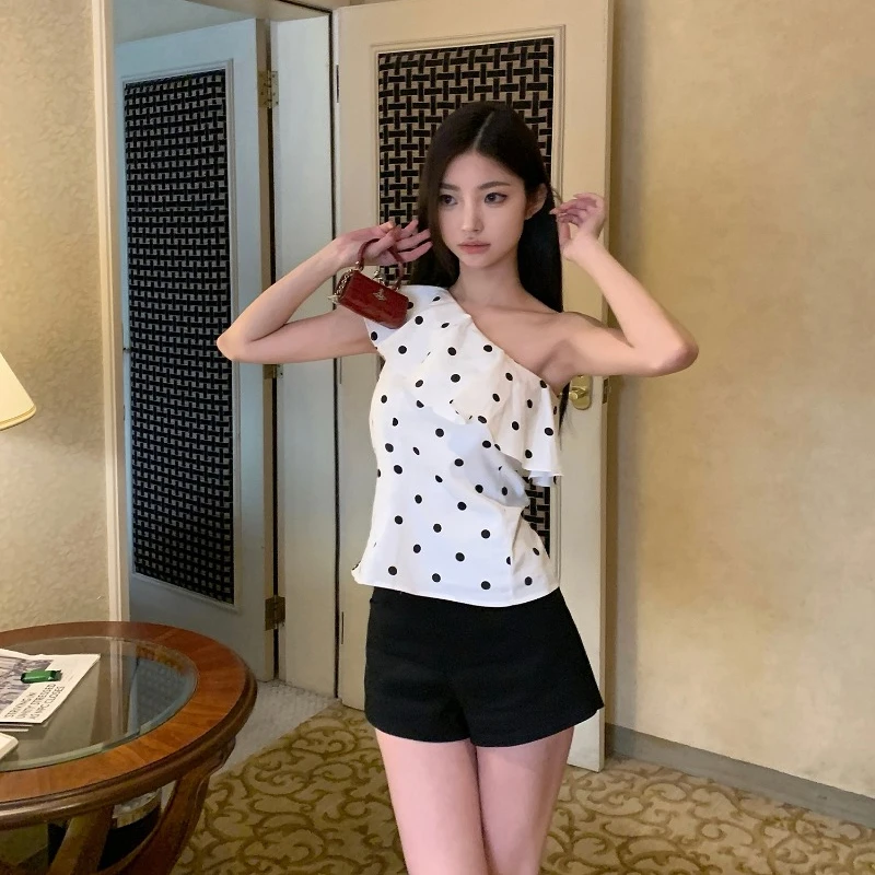 2024 Polka Dot Ruffles T-shirt Women Skew Collar Irregular Blouse Tops Korean Style Office Lady Sleeveless Versatile Tops Female