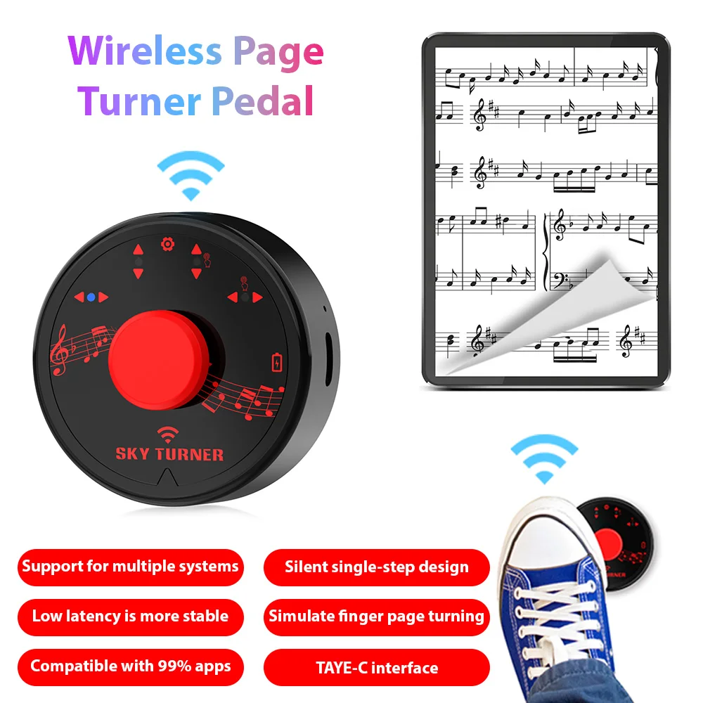 Wireless Page Turner Pedal Portable Mini Music Page Turner Silent Foot Pedal Control Rechargeable BT Foot Page Turner for Guitar