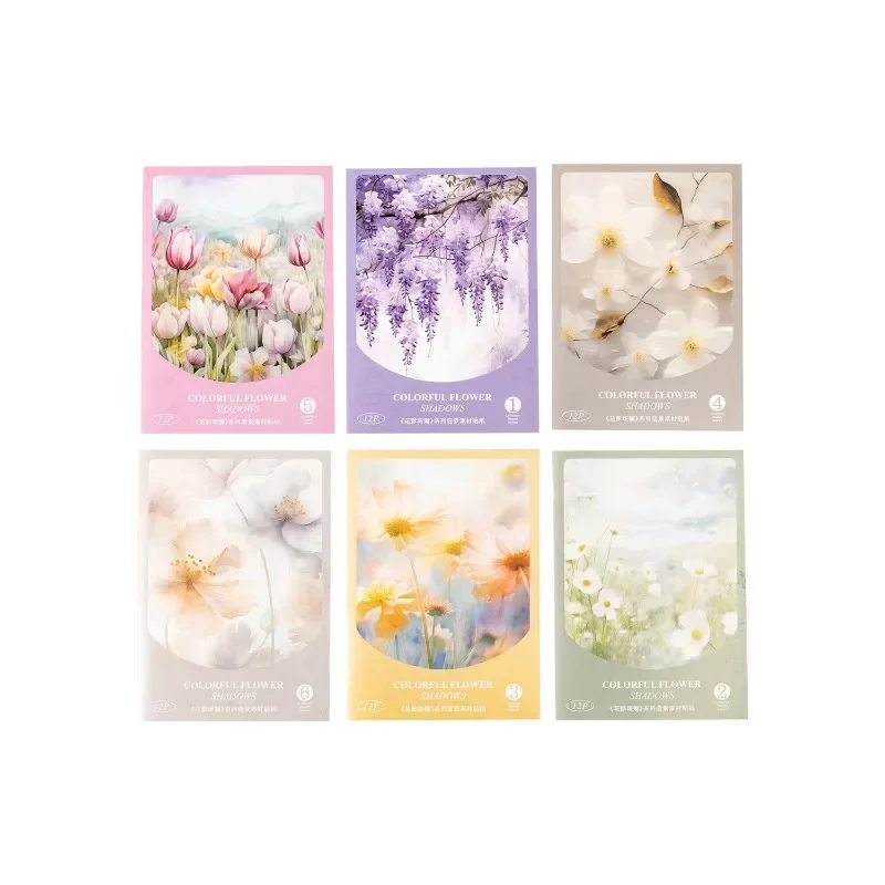 12Pcs Stickers Shadow Colorful Flowers Landscape Flowers Bloom Material Supplies package Stationery Scrapbook cut 178*115mm