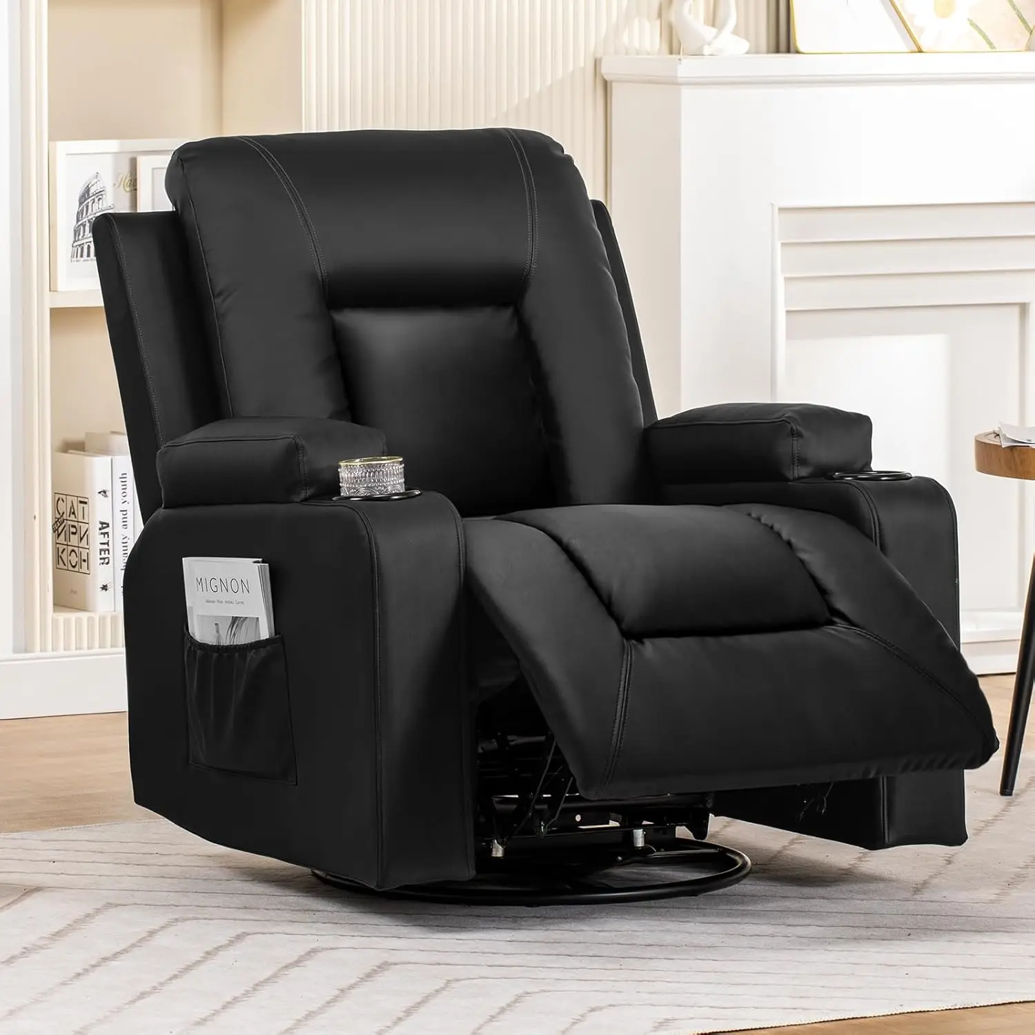 Recliner Chair, Swivel Rocker Recliners, Reclining Sofa with Side Pockets, Cup Holders for Living Room, Bedroom (Black)