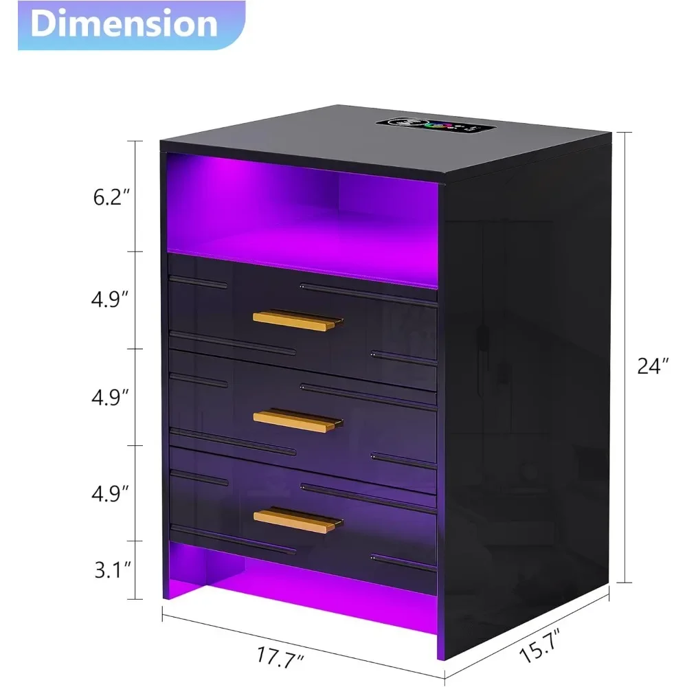 Nightstands Set of 2 with Wireless Charging Station ＆ Human Body Induction Bedside Tables with 3 Drawers Smart LED Night Stand