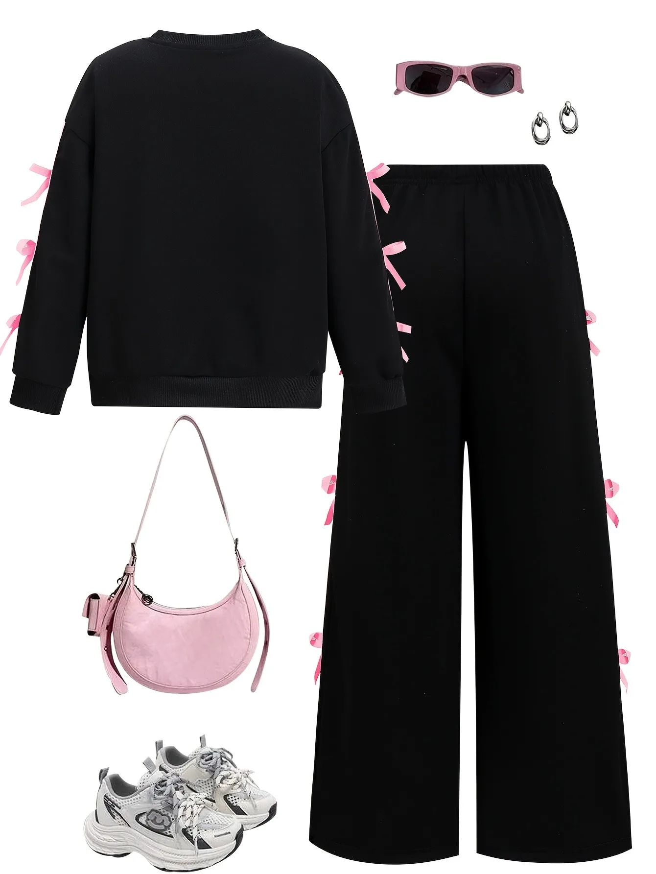 Zweiteiliges Outfit-Set für Kinder und Mädchen, langärmliges Oberteil mit Schleifenband-Dekor, elastische Taille, weites Bein, Jogginghose für den Urlaub im Freien – Detail 3