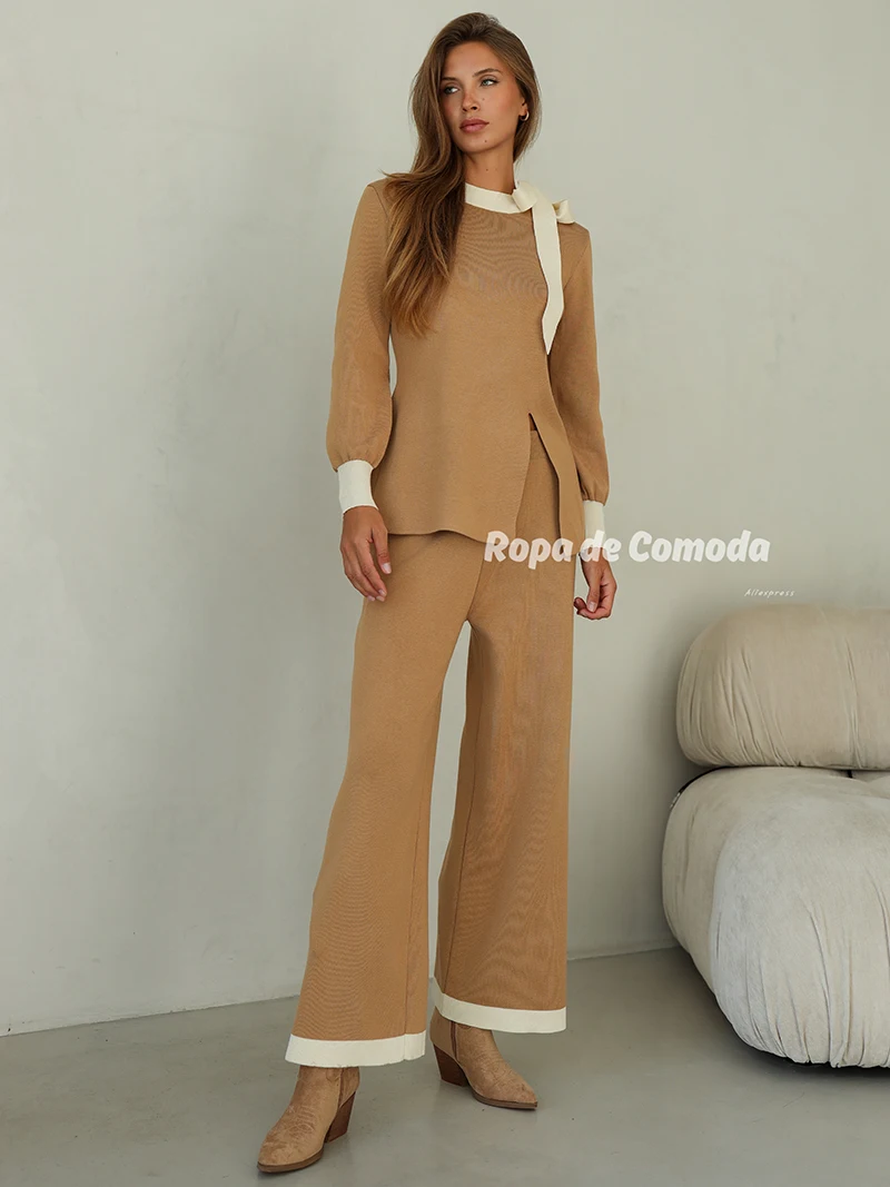 Elegant Bandage Winter Women Knitted Suit Casual 2 Piece Pants Top Matching Set Sexy Slit Knitted Two Piece Set For Women 2024