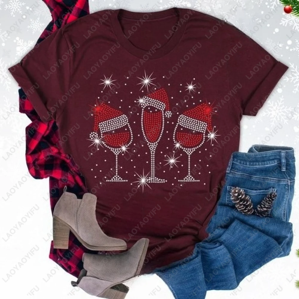 Funny Christmas Wine Glasses Print Men Tshirts Xmas Festival Woman Men Clothing O-neck Tee Santa Hat Red Wine Glass Shirt Tops