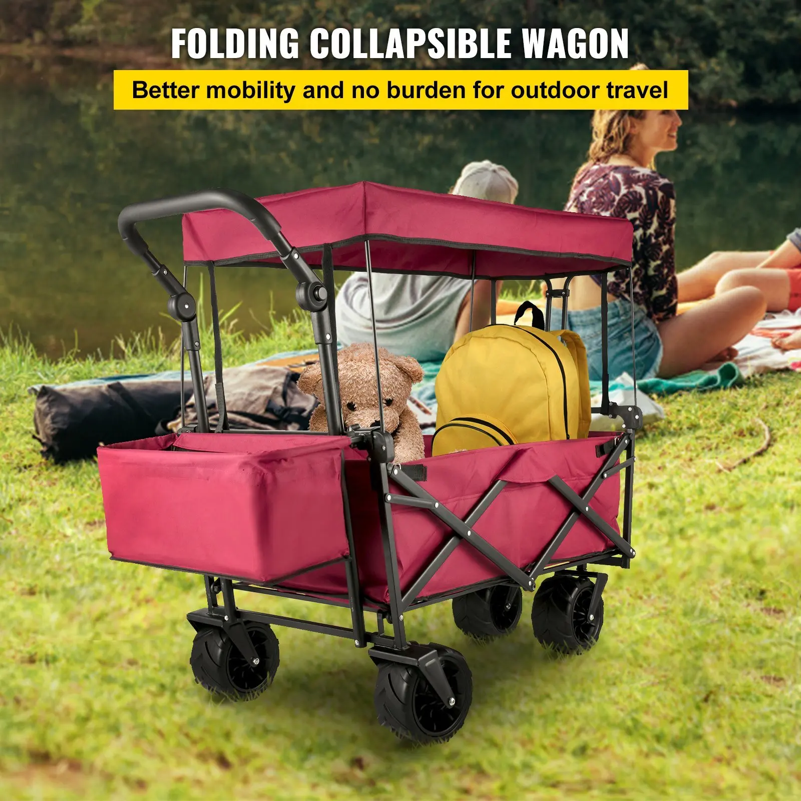 Folding Wagon Utility Carts with Wheels and Rear Storage VEVOR Extra Large Collapsible Garden Cart with Removable Canopy