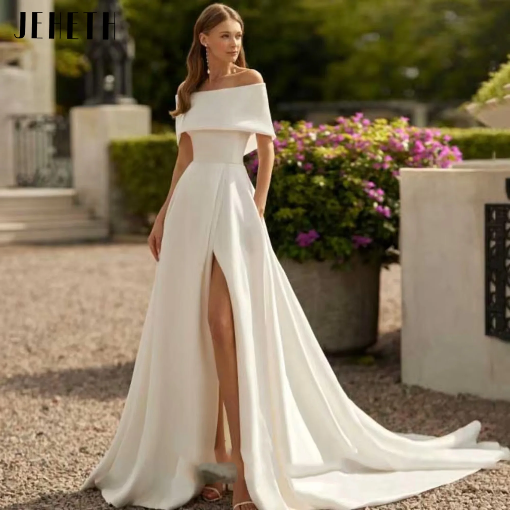 

JEHETH Elegant Sexy Wedding Dresses Strapless Split Bride Dress Off The Shoulder Simple Bridal Gown Vestido De NoviaCustomized