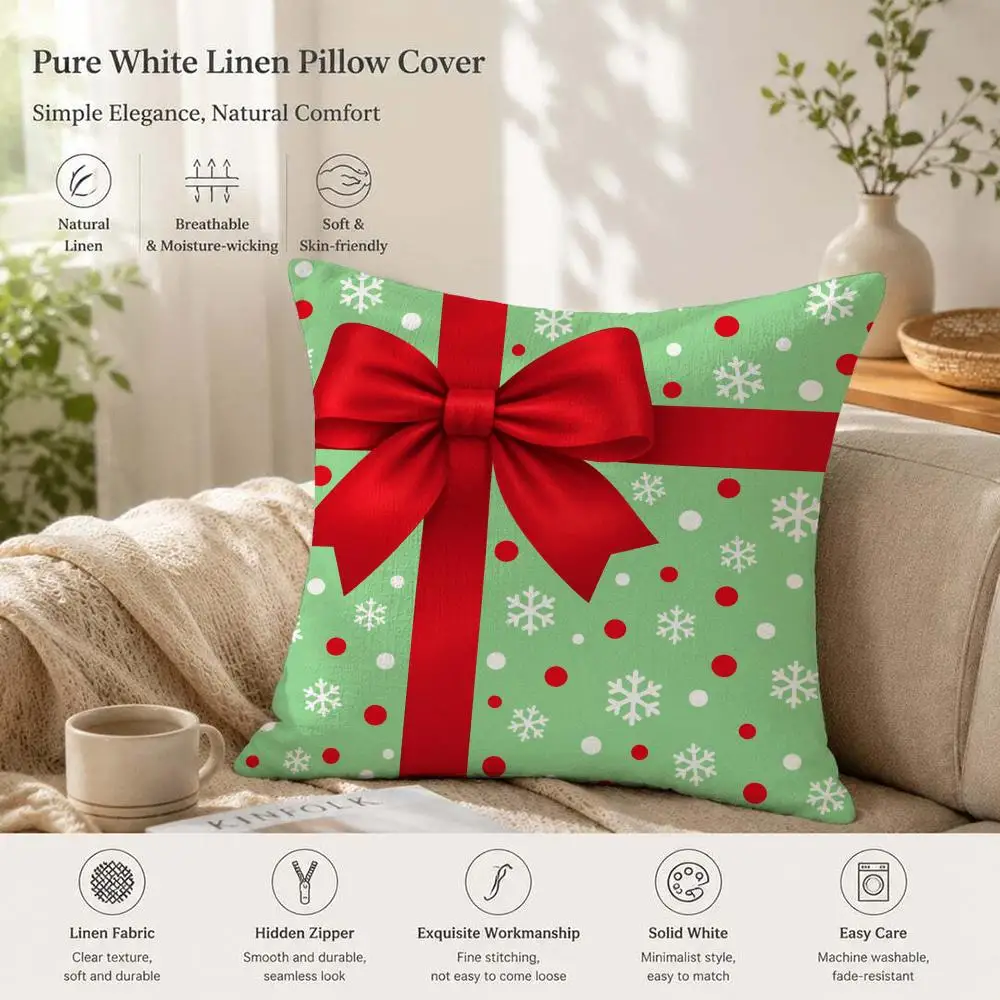 Christmas Geometric Gift Box Bow Cushion Cover 1/4PCS Linen Sofa Couch Bedroom Living Room Home Decor Pillow Case