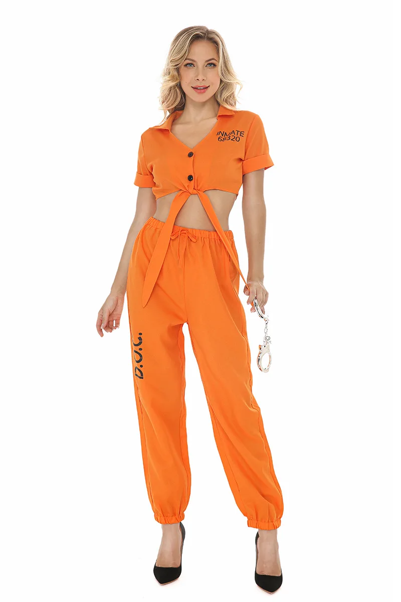 Frauen-Flüchtlingskostüm mit Oberteil und Hose, Cosplay-Kostüm für Halloween-Party und Karneval, Unisex, Orangefarbenes Gefängnisoutfit – Detail 6