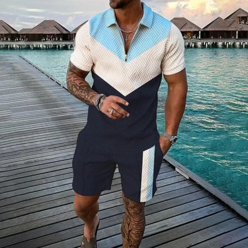 Fashion summer men\'s grid pattern leisure holiday short-sleeved Polo shirt set 3D printed clothing 2 pieces