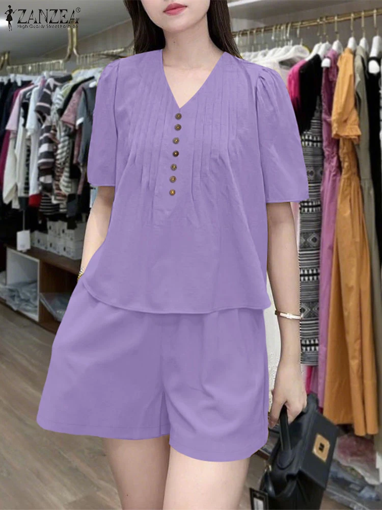 

ZANZEA Woman 2 Pieces Short Sets 2025 Summer Casual Short Sleeve V-Neck Pintuck Tops Wide Leg Shorts 2 Piece Outfits Loose Suits