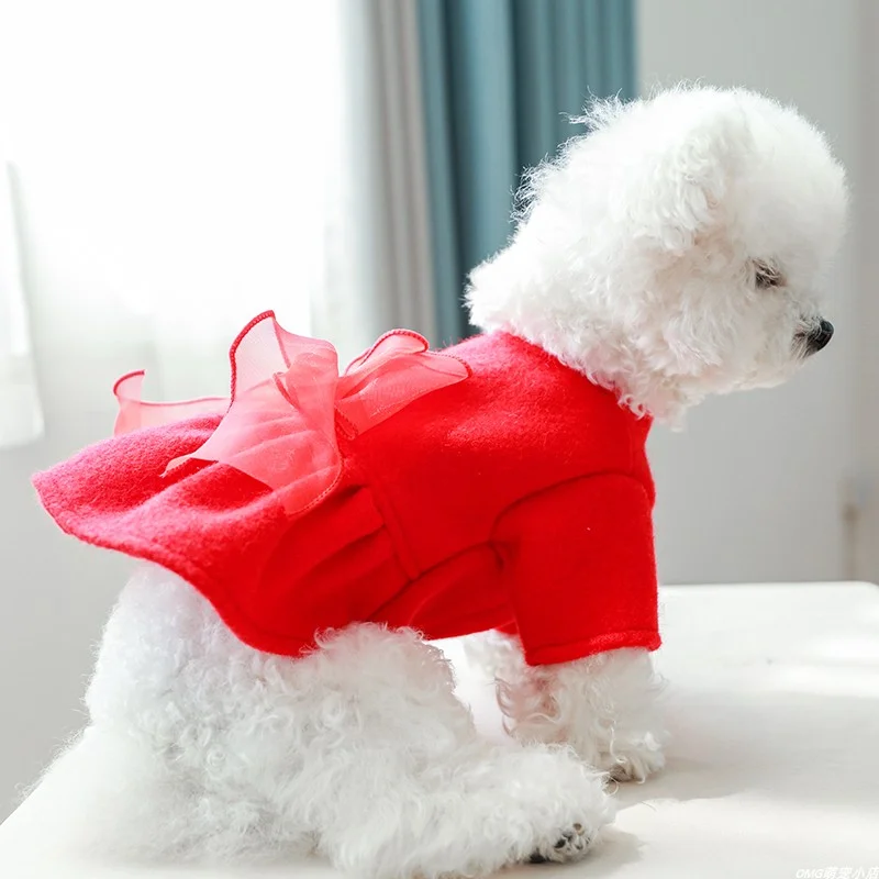 1PC pet clothing autumn and winter thickened new year red diamond bow princess skirt suitable for small and medium-sized dogs