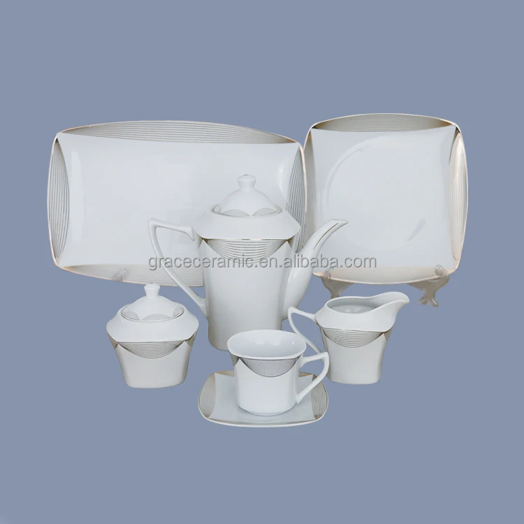 Custom Design Western 125 Pcs Square Shape Ceramic Fine China Porcelain Gold Rim Dinnerware Sets for Hotel Restaurant