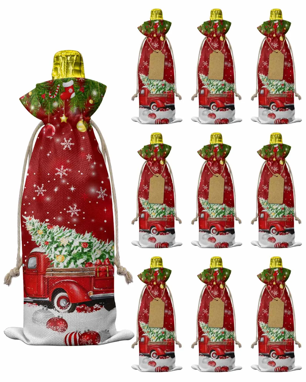 10pcs Gift Christmas Tree Red TruckWine Bottle Bag with Drawstring Festive Party Decor Wine Bottle Covers Gift