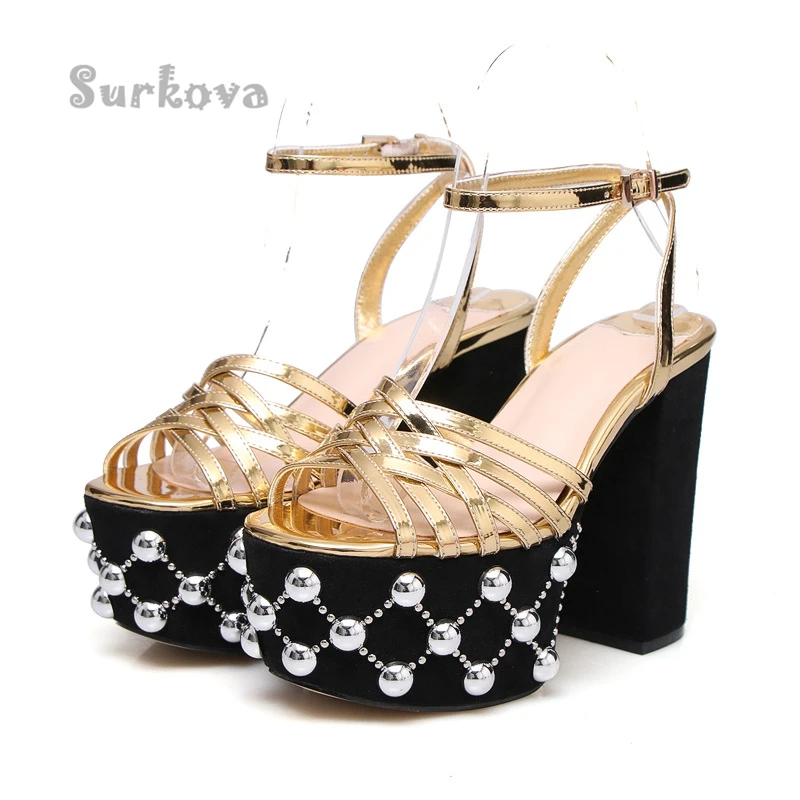 

Gold Peep Toe Women's Shoes Platform Rivet Metal Decoration Cross-Tied Pumps High Heels Ankle Buckle Strap Square Heels Sandals