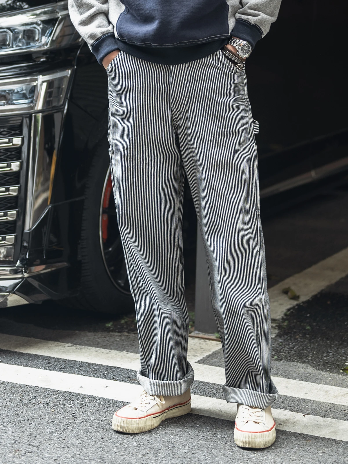 

Loose Straight Leg Workwear Jeans Bamboo Fiber Stripe Pattern Long Pants for Youth Casual Autumn Season Non Sto Brand