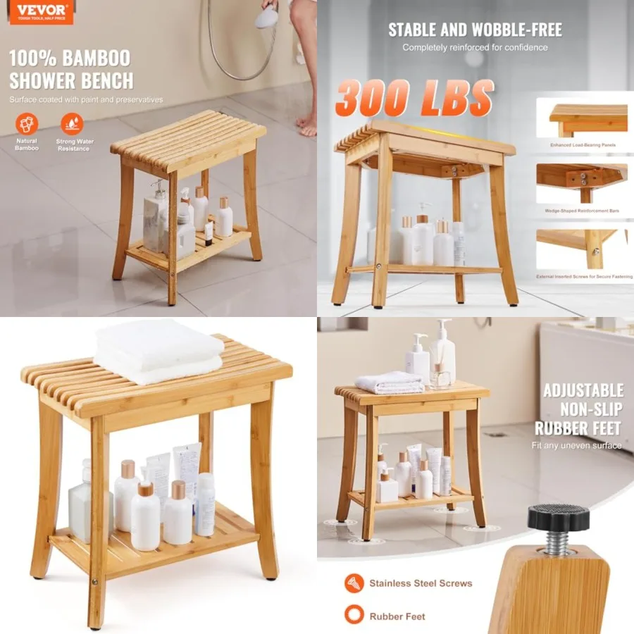 

Bamboo Shower Bench, 19in Waterproof Shower Stool Chair with Storage Shelf Non-Slip Foot Pads, 330lbs Load Capacity Shower Chai