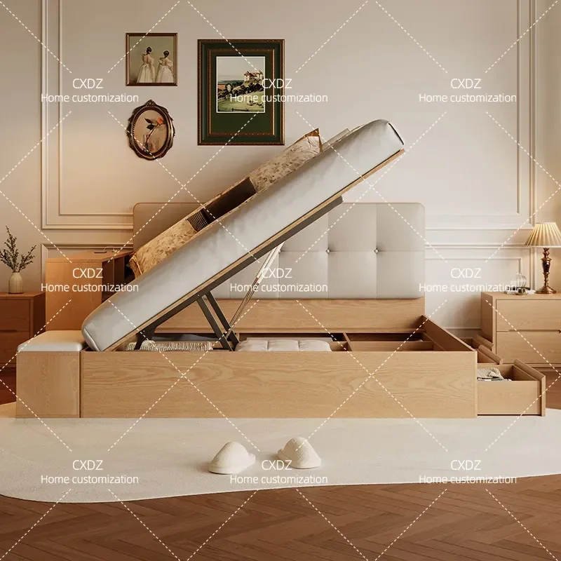 Solid Wood Bed 1.8m Double Bed with Air Pressure Side Opening Storage Function 1.5m Floor Box Bed for Bedroom Furniture