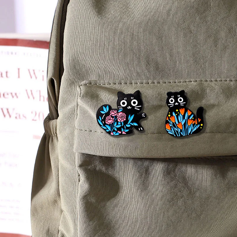 4Styles Cartoon Flower Body Cat Design Enamel Pins Kawaii Black Kitty Brooches For Pet Lovers Backpack Bag Hat Jewelry