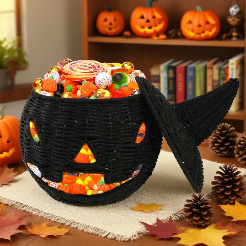 Halloween Pumpkin Candy Basket Woven Jack Lantern Trick Treat Bucket Handmade Witch Party Decor Gift Home Ornament
