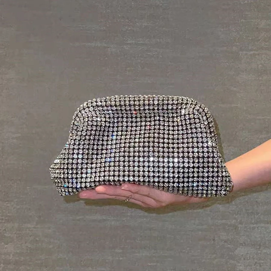 Luxury Shiny Rhinestones Handmade Evening Clutch Bags New Cloud Folds Purses and Handbags Wedding Party Chains Crossbody Bags