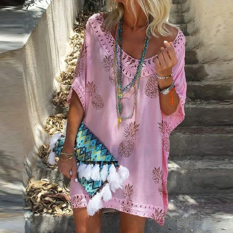 Women V Neck Lace Patchwork Party Dress Summer Batwing Short Sleeve Boho Mini Dress Spring Pineapple Print Loose Beach Dress