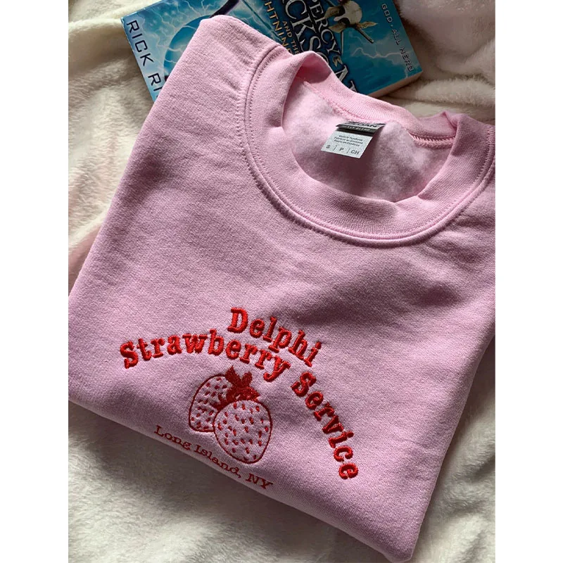 Delphi Strawberry Service Women Embroidered Sweatshirts Pink Loose Cotton Long Sleeve Jumpers Vintage Style Casual Pullovers