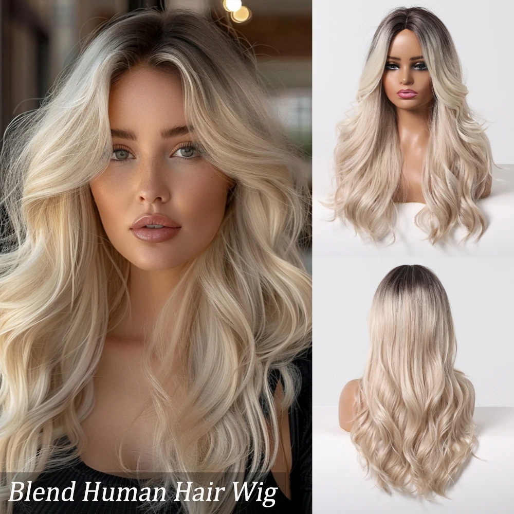 

Blend Human Hair Wigs Ombre Blonde Long Wavy Human Hair Blend Wigs Hand Tied Hairline Lace Wig for Women Daily Use