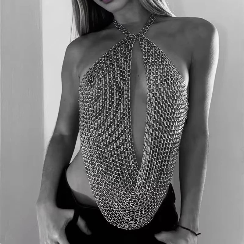 Hot Selling Women'S Aluminum Chain Armor Camisole Top Holiday Carnival Style Body Chain Silver Layer Armor Chain Armor Top