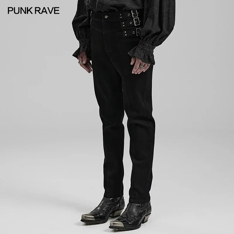 PUNK RAVE Punk Men's Slim Fitting Straight Leg Jeans Decorative Loops At Waist Symmetrical Daily Black Denim Trousers