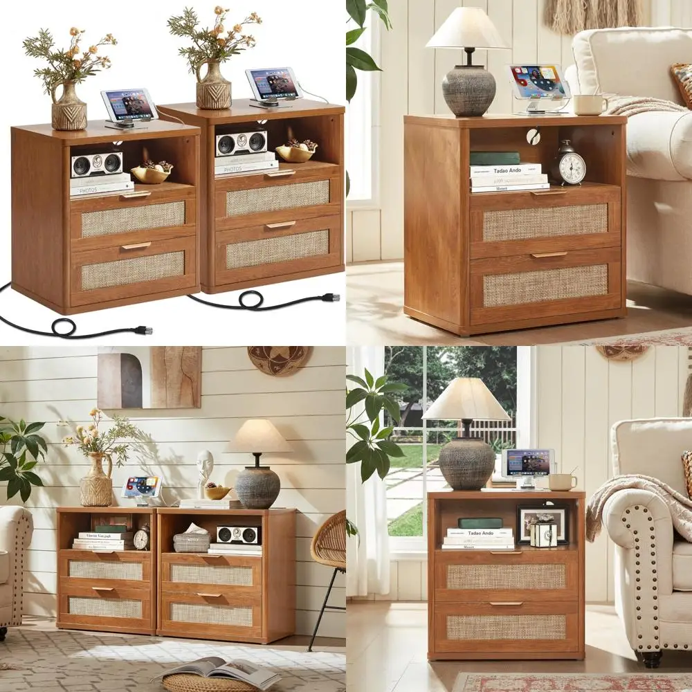 Charging Station Nightstands Set of 2, 23 Wide Bohemian Style Nightstands with Drawers, Natural Wood Bedside Tables