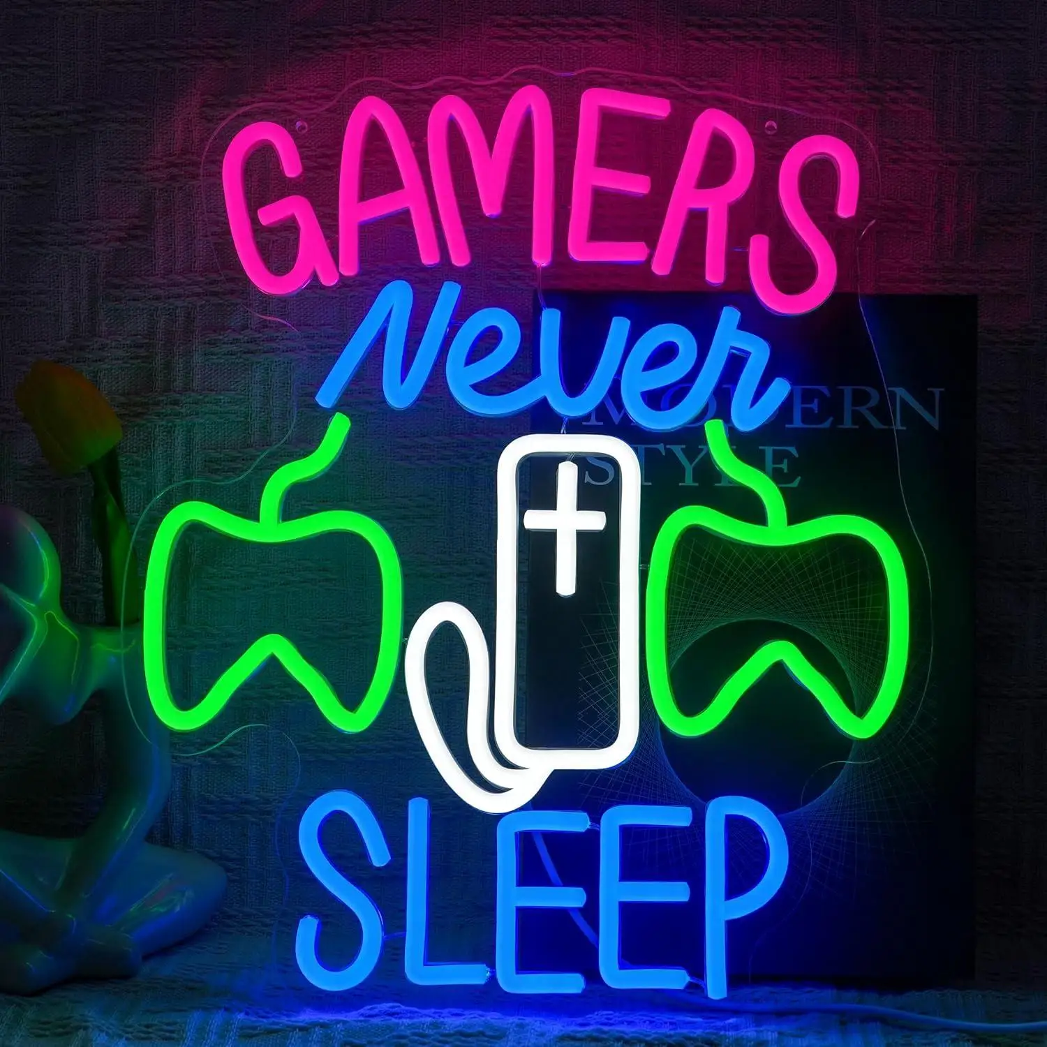 Gamers Never Sleep Neon Sign Game Controller Dimmable LED Light for Boys Bedroom Gaming Room Man Cave Party Wall Decor Gifts