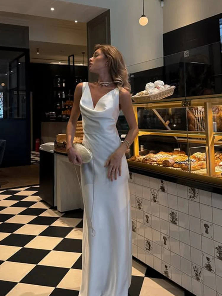 

Elegant White Satin Maxi Dress Women Sexy V-neck Sleeveless Backless High Waist Slim Dresses Spring Lady Party Evening Gown 2026