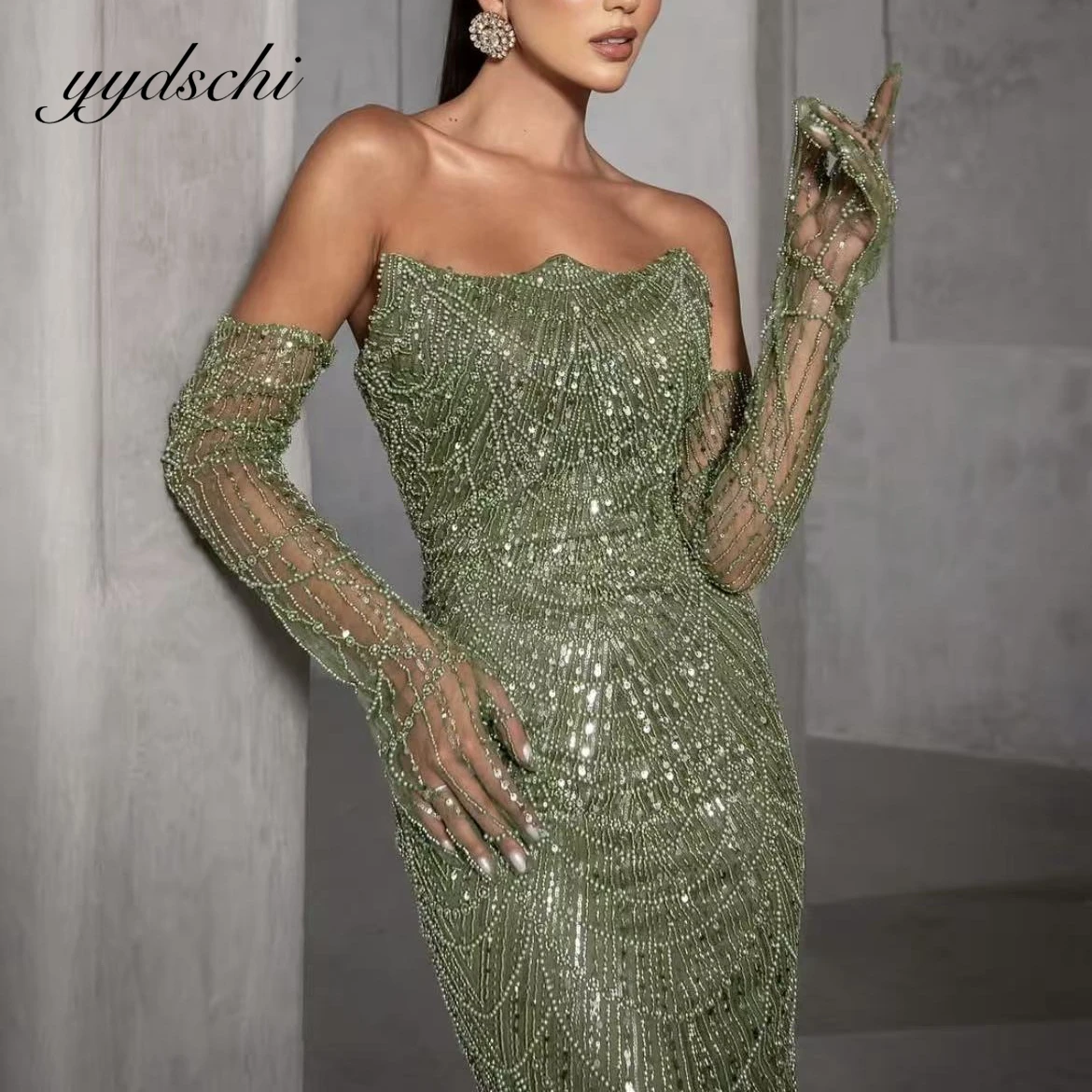 

Customized 2025 Luxury Dubai Evening Dresses Beading Mermaid Elegant Olive Green Prom Gown Arabia Strapless Tulle Wedding Party