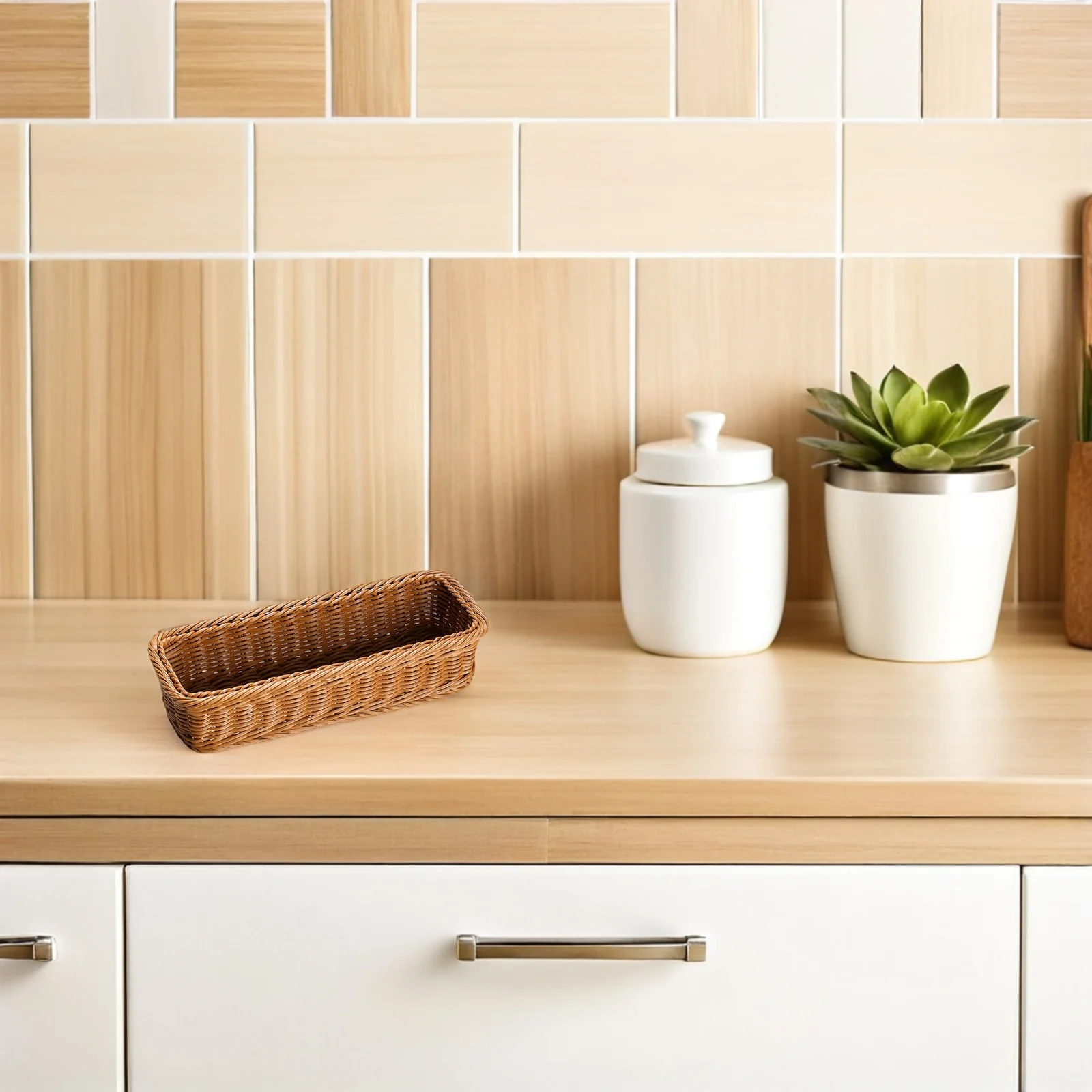 

2Pcs Imitation Rattan Cutlery Storage Baskets Plastic Desk Organizer Decorative Table Basket Spice Jar Holder Sundries