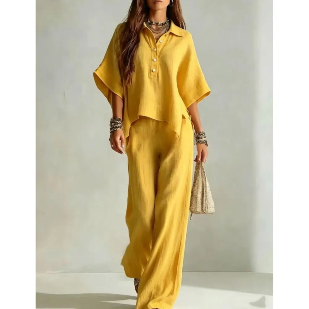 

New Fashion Loose Half-sleeved Shirt Women's Suit Summer Casual Simple Female Wide-leg Trousers Vacation 2-piece Set 2026
