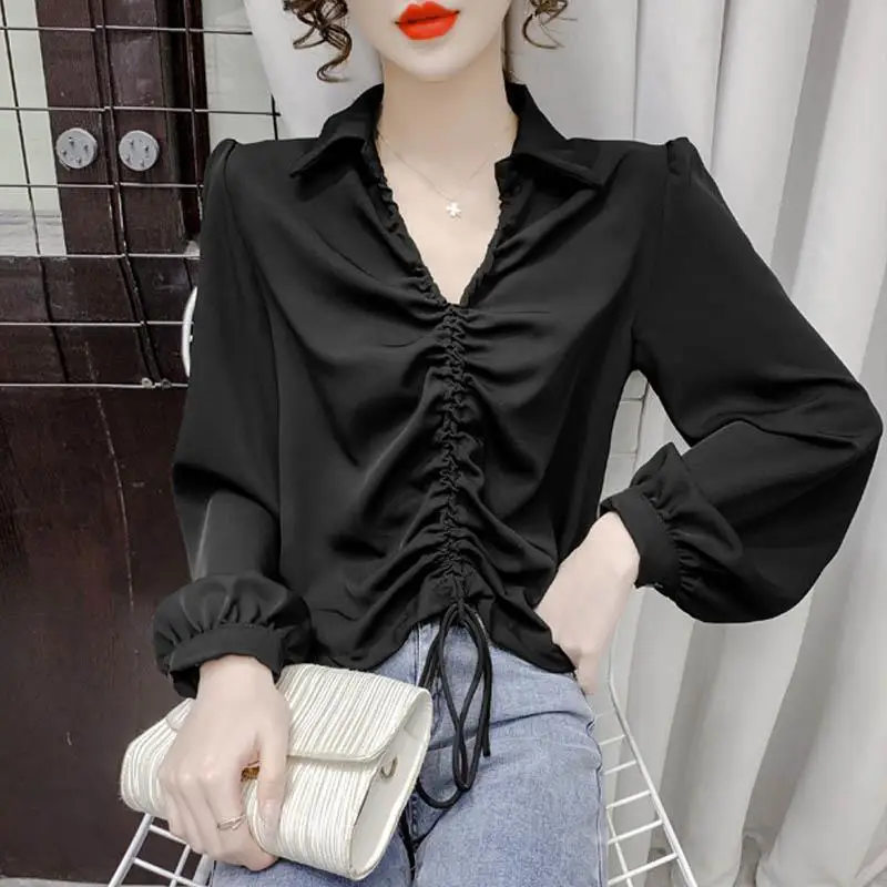

Blouses Women V-neck Aesthetic Shirring Tender Retro Solid Vintage Korean Style Casual New Collection Hot Sale Daily Tops Mujer
