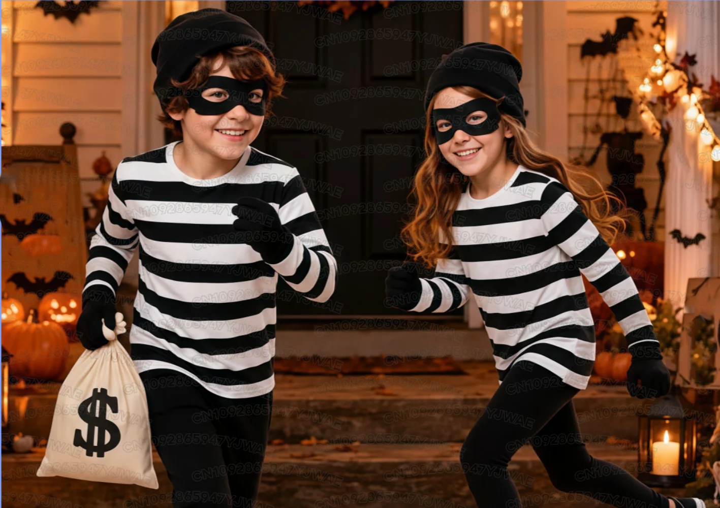 Kinder-Räuber-Kostüm, Gestreiftes Langarm-T-Shirt, Halloween-Dieb-Cosplay-Kostüm, Jungen-Mädchen-Erwachsenen-Eltern-Kind-T-Shirt – Detail 6
