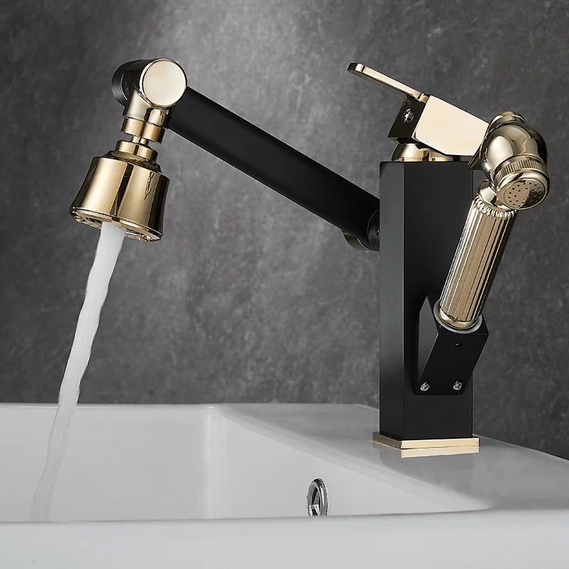 

All copper black gold pull-out basin faucet hot and cold table wash sink wash basin faucet bathroom