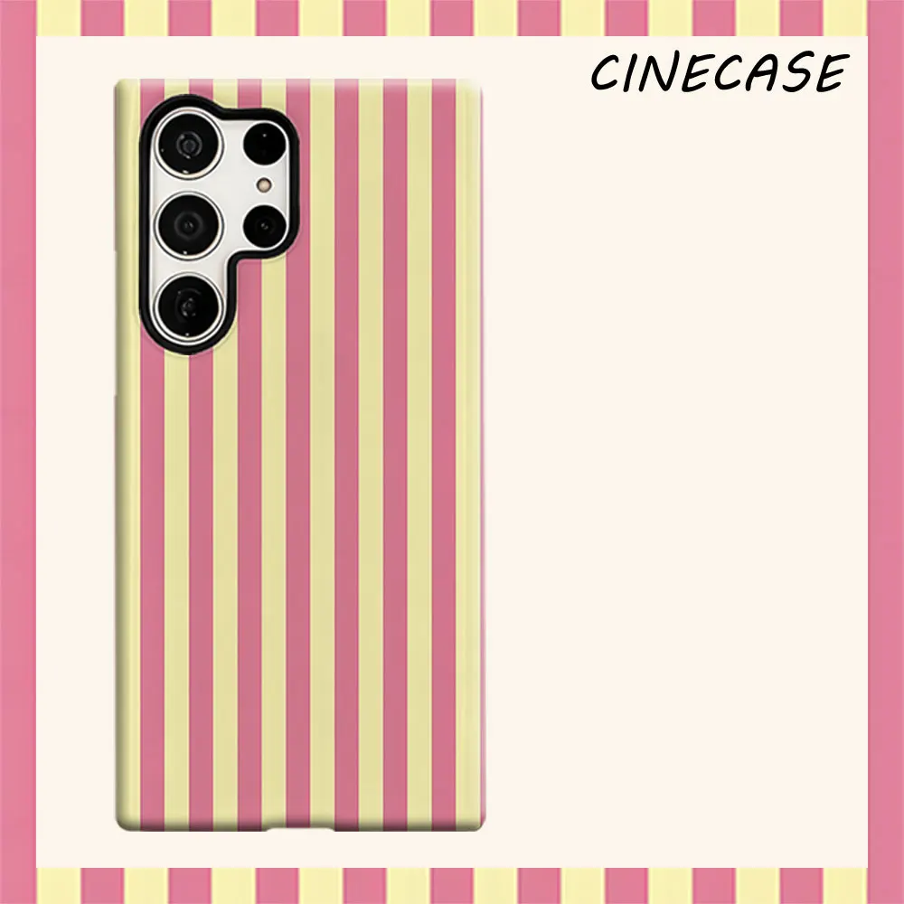 Pink Yellow Vertical Stripe For Samsung Galaxy S26 S25 S24 A56 A36 Dual Layer Luxury Fashion Full Lens Protective Case