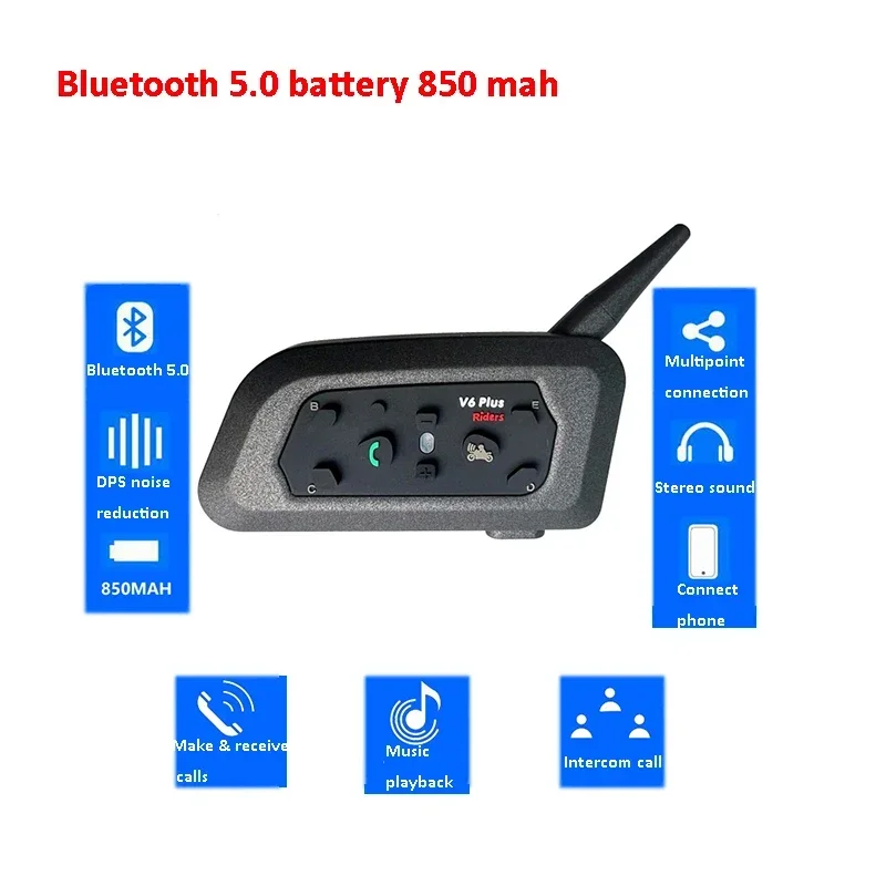 Motorcycle Helmet Intercom Headset Bluetooth-compatible with 1200M BT Interphone Communicator for 6 Riders Waterproof