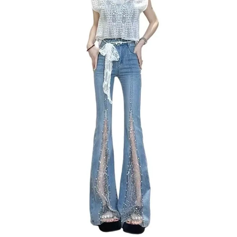 

Slightly Fat Pear-shaped Spice Girl Slim Jeans Lace Splicing Slightly Pulled Jeans New Slim-fit Flared Floor-mopping Pants 2026
