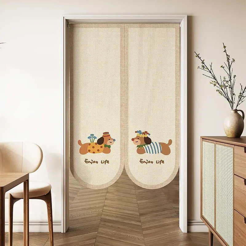 Japanese Retro Cartoon Dog Door Curtain Enjoy Life Text Print Curved Hem Home Use No Punching Room Cover Decorative Curtain