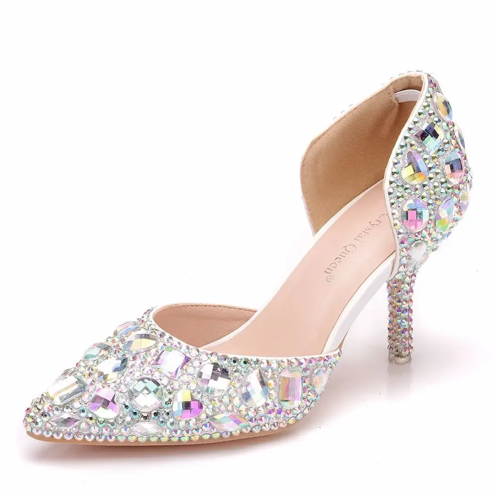 Zapatos de boda con diamantes de imitación, sandalias de dos piezas con tacón fino y Punta hueca, talla grande, 7,5 cm