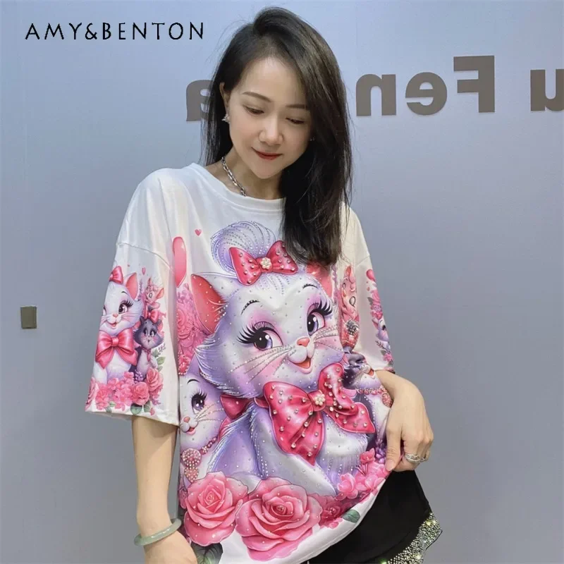 

Women's New Crew Neck Beautiful T-Shirt Women's Summer Print Cartoon Casual Fashion Bead Half Sleeved Oversize Pink Top Pullover