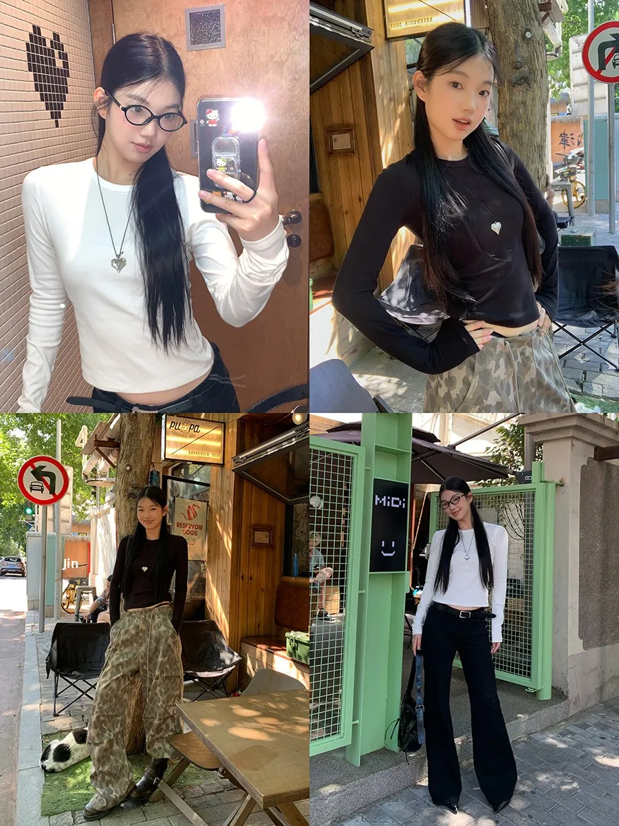 قميص نسائي أبيض بطبقة أساسية، ضيق ومناسب للجسم، بأكمام طويلة وتصميم قصير، تي شيرت أمريكي الطراز لموسم الخريف، أنيق ومناسب للعمل #3