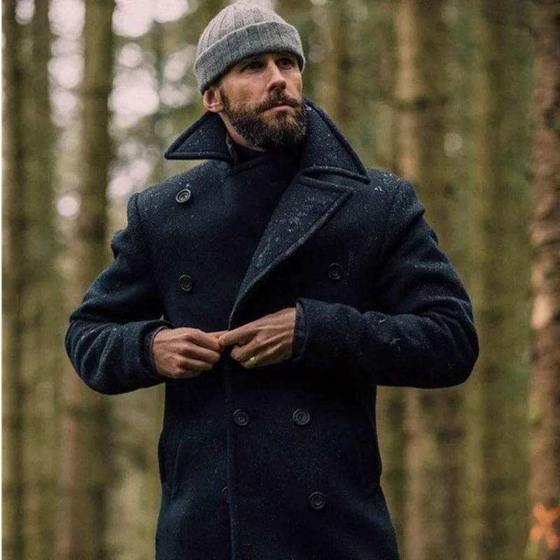 Navy Coat Retro Mens Mid Length Long Sleeved Jacket Autumn and Winter Fabric Jacket