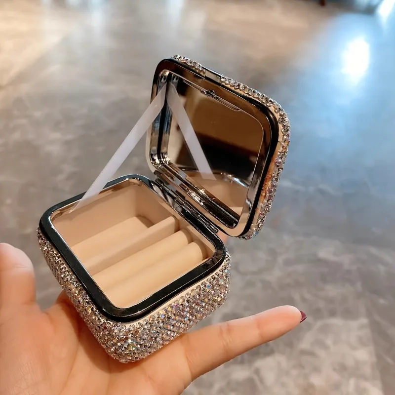 Mini Jewelry Storage Box Stylish and High-end with Diamond Inlays and A Mirror Can Hold Rings Earrings and Necklaces