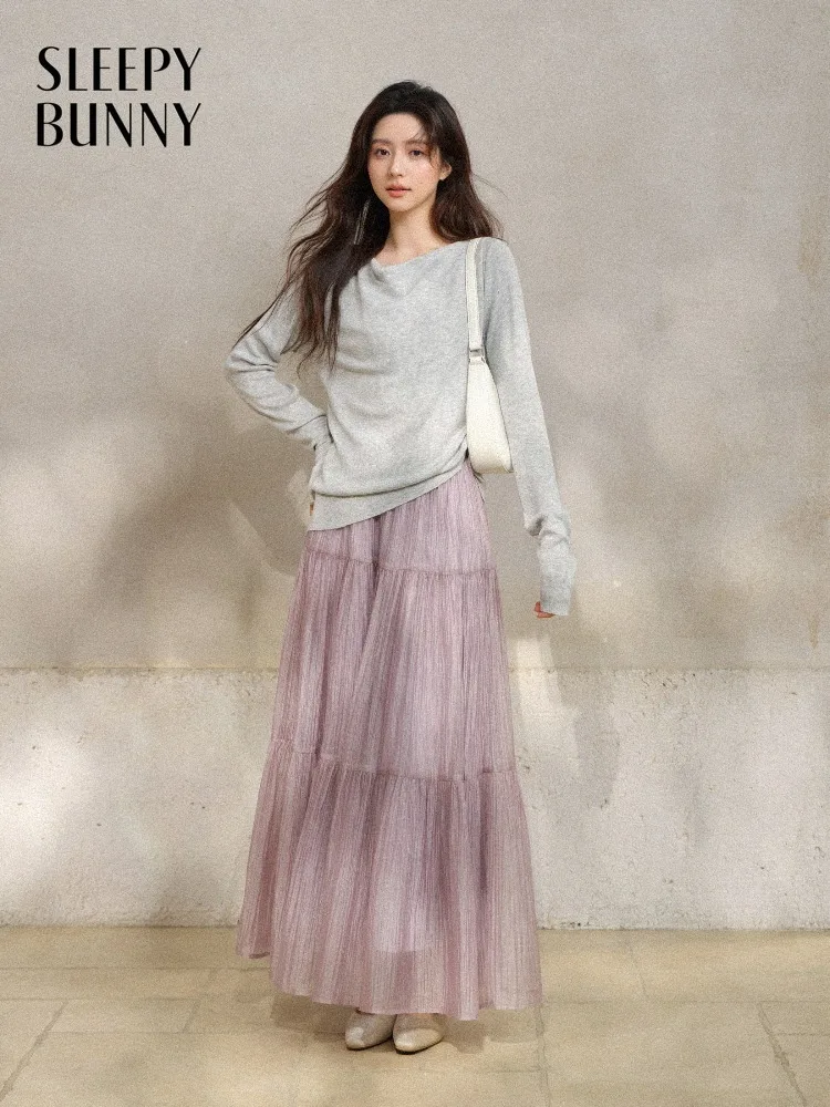 

Women Knit Top Skirt Set Elegant Draped Neck Sweater Pleated Maxi Skirt Outfit Slim Fit Casual Spring Summer Matching Set Lady